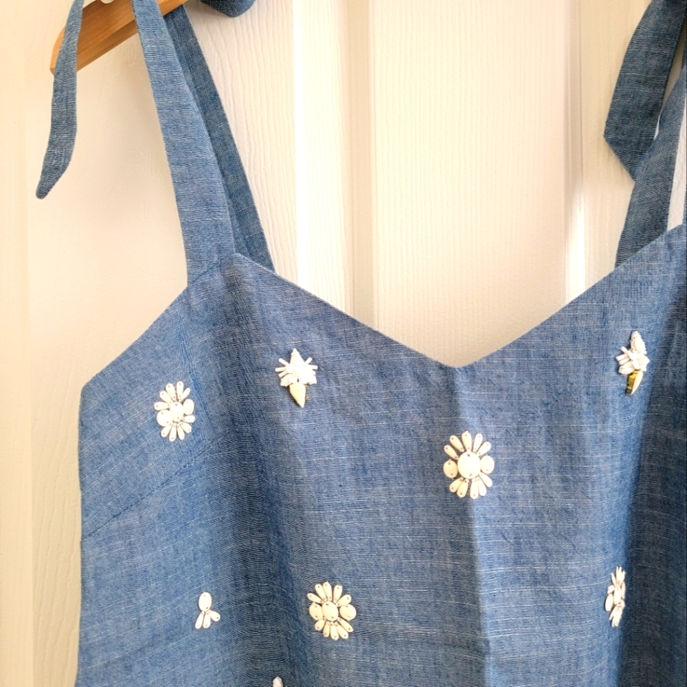 J. Crew Chambray Embellished Tie Shoulder Top, XS - Picture 5 of 13